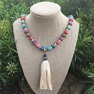Tassel semiprecious natural stones & wood necklace